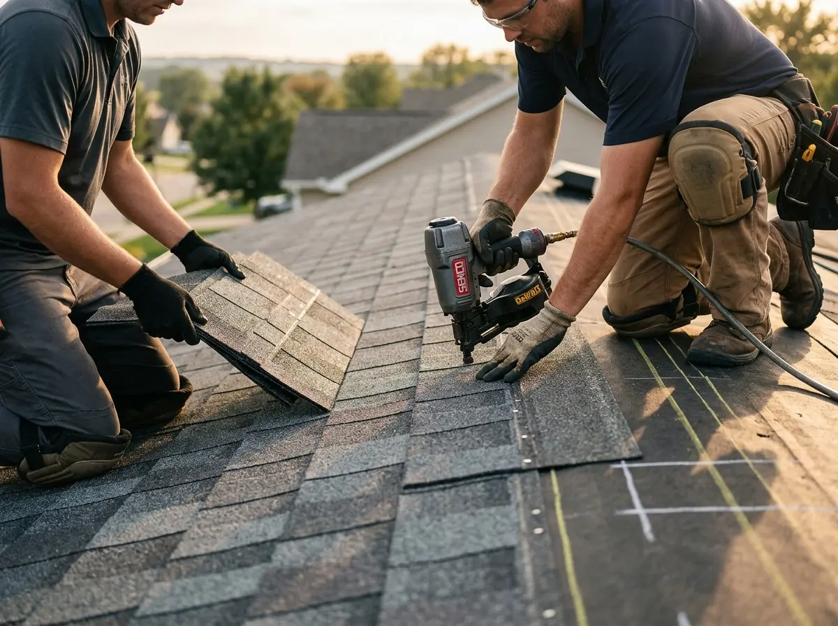 Professional roofer working on a residential roof in Lynchburg